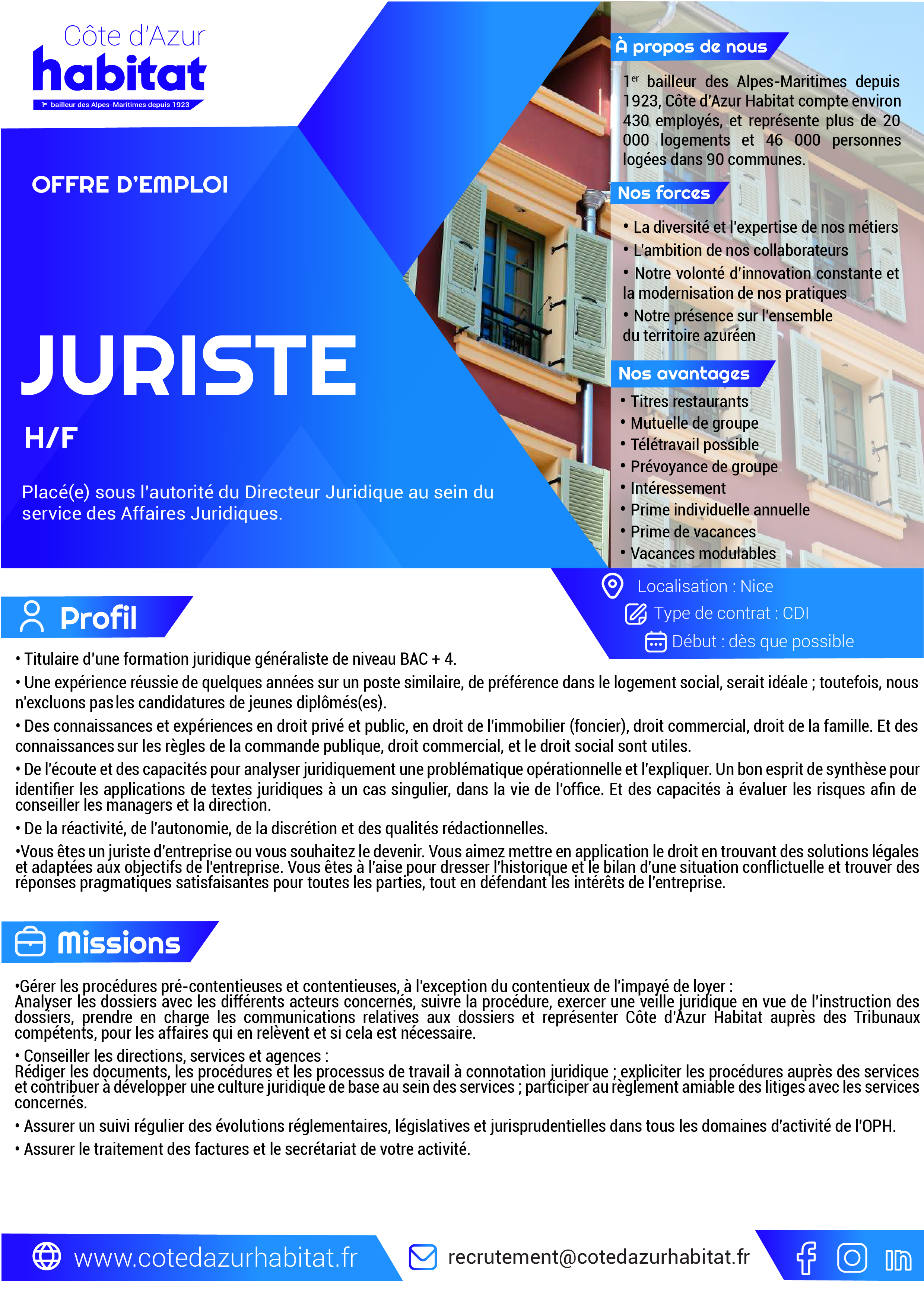 Offre D'emploi : Juriste (H/F) | Côte D'azur Habitat